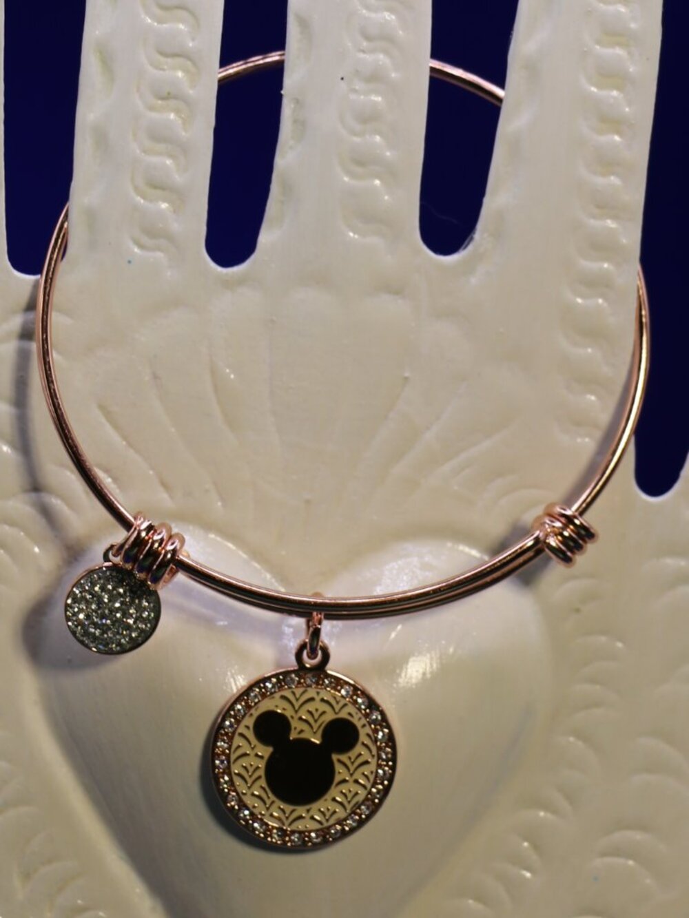 Disney Mickey Mouse Rose Gold Tone Bangle Bracelet w/ Pave Crystal-Accented Chrm